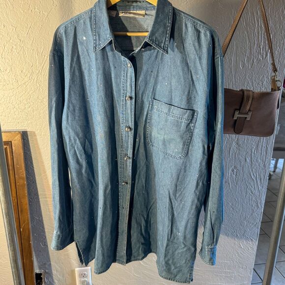 Vintage 90s Mili Designs Rhinestone Denim Shirt - Picture 1 of 5